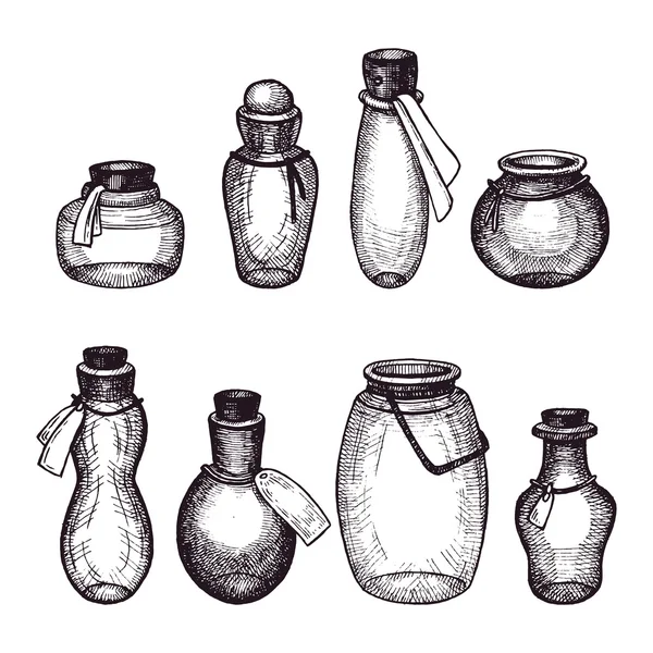 Hand drawn set of bottles and mason jars and the group of heart. — Stock Vector