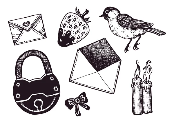 Collezione romantica disegnata a mano. Set di lucchetto vintage, busta, fragole, un uccello, due candele, fiocco . — Vettoriale Stock