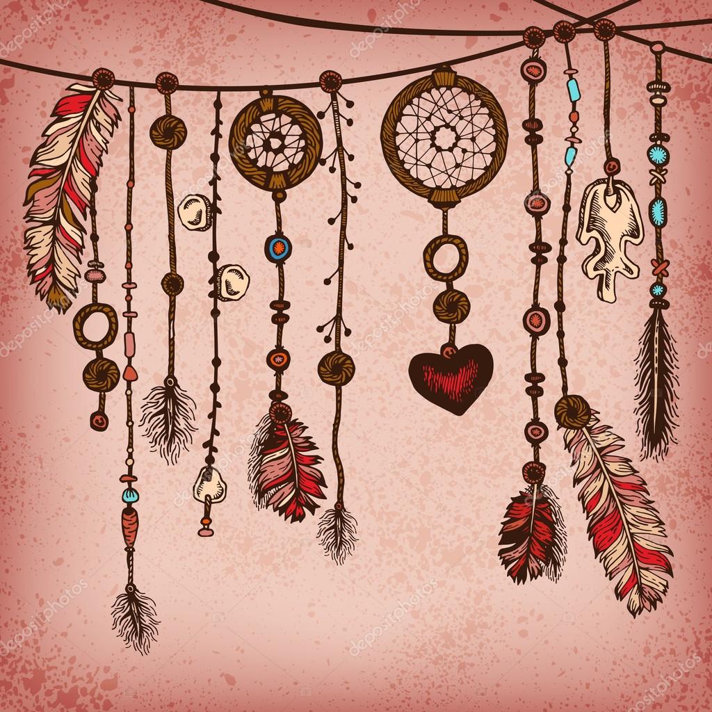 Romantic vintage background with ethnic feathers, dream catcher and ethnic  elements. Stock Vector Image by ©PictuLandra #112381478