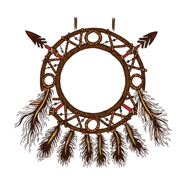 Mürekkep dreamcatcher eşarplı ile çizilmiş. Etnik illüstrasyon, aşiret, Amerikan Kızılderili geleneksel sembolü. Kabile Tema. Renkli rüya yakalayıcı