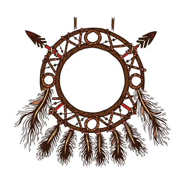 Handgezeichnet mit Tusche Traumfänger mit Federn. ethnische Abbildung, Stammes-, amerikanischen Indianern traditionelles Symbol. Stammesthema. Farbenfroher Traumfänger — Stockvektor