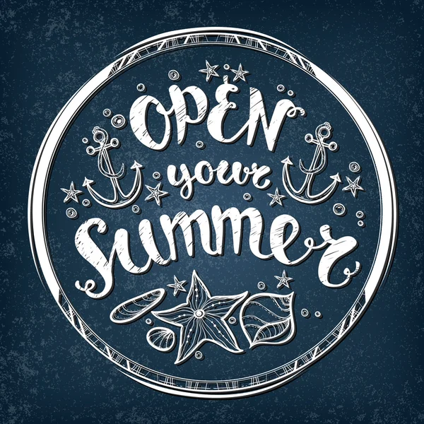 Abra su cartel de la fiesta de verano con elementos de vida marina y letras . — Vector de stock