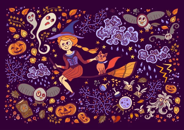 Conjunto de elementos Halloween. Hermoso fondo de pantalla con personajes de dibujos animados . — Archivo Imágenes Vectoriales