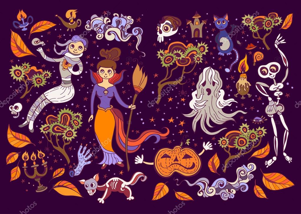 Set Of Halloween Elements Beautiful Wallpaper With Cartoon Characters Vector Image By C Pictulandra Vector Stock