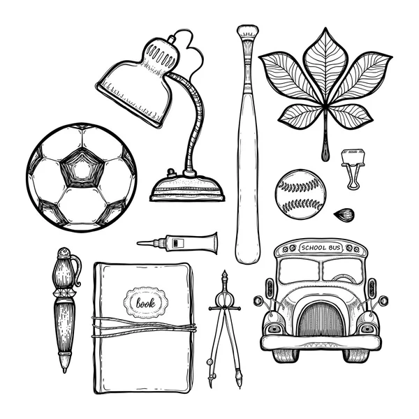 En la escuela. Aislado sobre fondo blanco. Colecciones de símbolos educativos: pelota de fútbol, lámpara, bus de bits, cuaderno, brújula, pluma, béisbol, clip, color, hoja del árbol , — Vector de stock