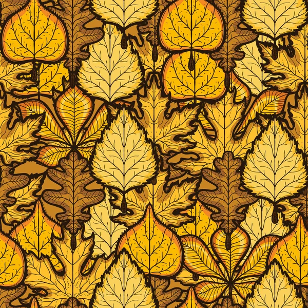 Yellow leaves pattern on dark background. Bright autumn seamless — Stock Vector