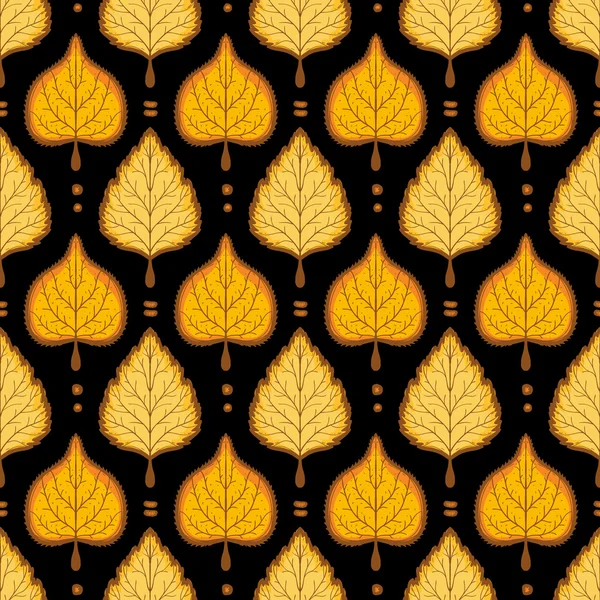 Patrón de hojas amarillas sobre fondo oscuro. Otoño brillante sin costuras — Vector de stock