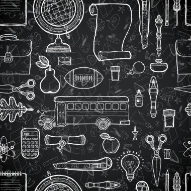 Okul ve eğitim simgeleri tasarım öğeleri renkli Dikişsiz desen arka plan. Serbest çizim kara tahta simgeler.