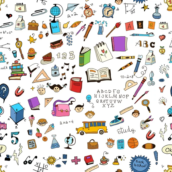 Nahtlose Muster mit verschiedenen Schule things.doodle nahtlosen Hintergrund mit Schule Symbole. — Stockvektor