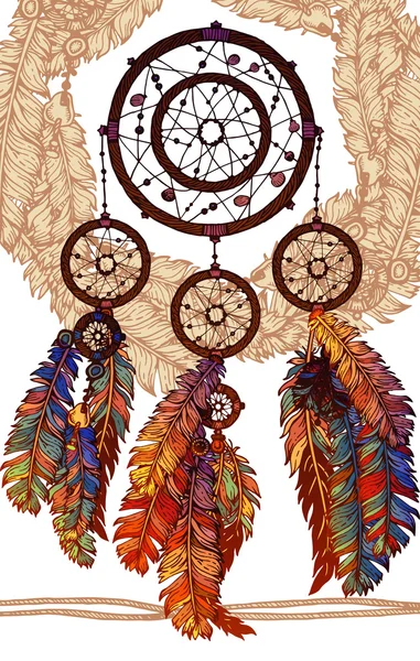 Native american Indiaanse dream catcher, traditionele symbool. Heldere kaart met gekleurde veren en kralen op witte achtergrond. — Stockvector