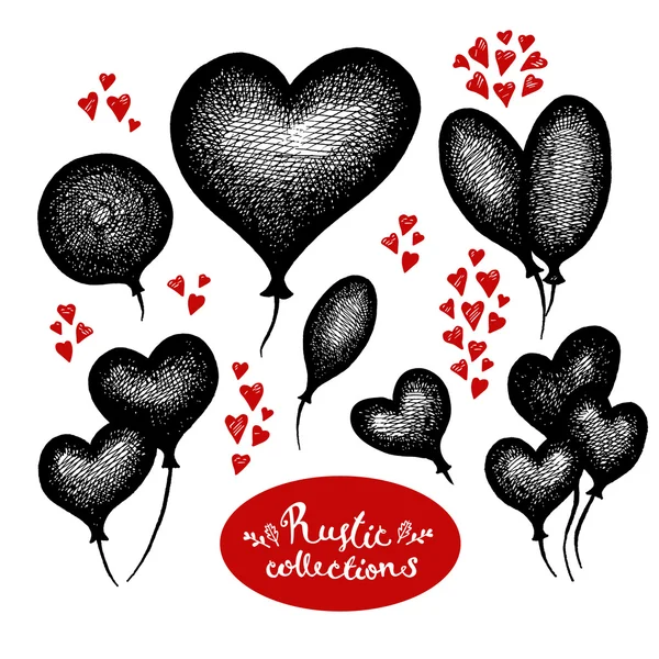 Hand getrokken set inkt ballonnen en liefde elementen. Vectorillustratie met inkt geïsoleerde op witte achtergrond. Vintage thema — Stockvector