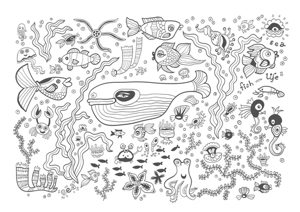 Marine vector card isolated on white background. Coloring book page design for adults and kids. Sea animals. Black and white. — Stock Vector