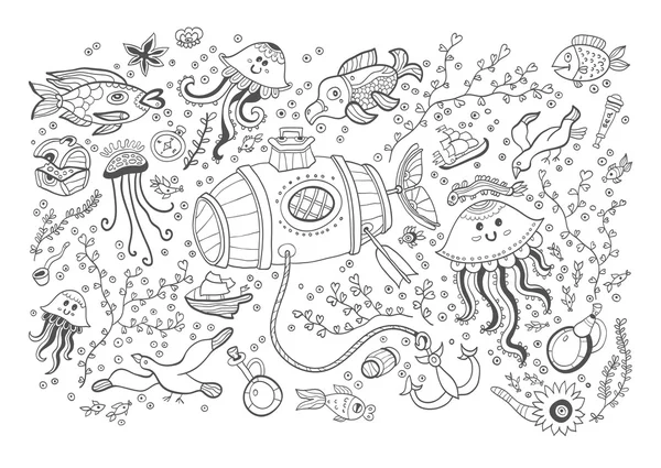Marine vector card isolated on white background. Coloring book page design for adults and kids. Sea animals. Black and white. — Stock Vector