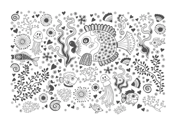 Marine vector card isolated on white background. Coloring book page design for adults and kids. Sea animals. Black and white. — Stock Vector