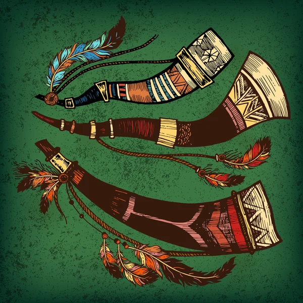 Lot de 3 cornes de chasse colorées. Carte lumineuse avec cornes de chasse et plumes et perles de couleur sur fond vert . — Image vectorielle