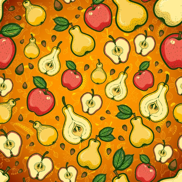 Thanksgiving Day seamless pattern with fruits and leaves of trees. Pear and apple — Stock Vector