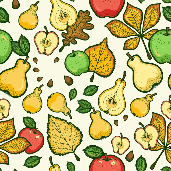 Dia de Ação de Graças padrão sem costura com frutas e folhas de árvores. Pêra e maçã — Vetor de Stock