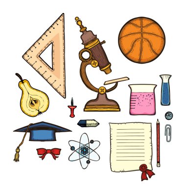 Okul seti. Beyaz arka planda izole edilmiş. Eğitim sembolleri koleksiyonları: basketbol, cetvel, armut, diploma, lisansüstü şapka, atom, düğme, kalem etiketi, ampul, yay, mikroskop