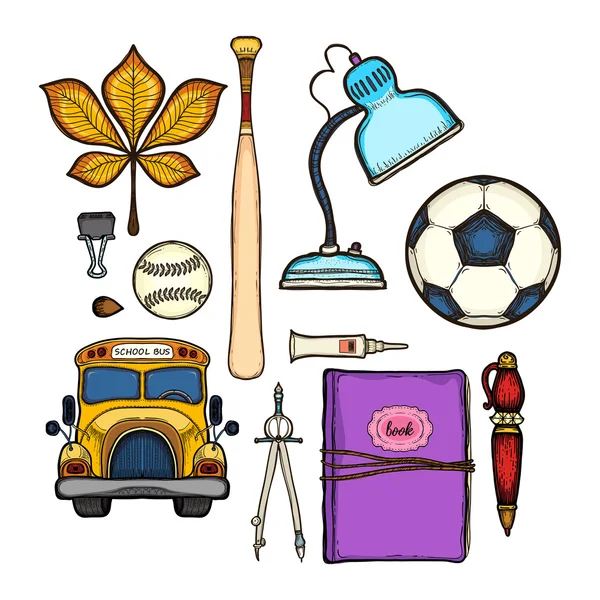 Skol uppsättning. Isolerad på vit bakgrund. Utbildning symboler samlingar: Soccer Ball, lampa, bit buss, anteckningsbok, kompass, penna, baseball, Clip, färg, lövträd, — Stock vektor