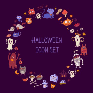 Cadılar Bayramı doodle simgeleri. Renkli çocuk öğeleri dışında yuvarlak sınır. Cadılar Bayramı çerçevesi