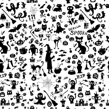 Halloween seamless kids doodle pattern with icons. clipart