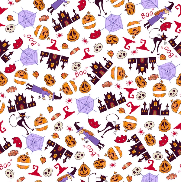 Halloween naadloze Bright Kids doodle patroon met pictogrammen. De dag van de doden — Stockvector