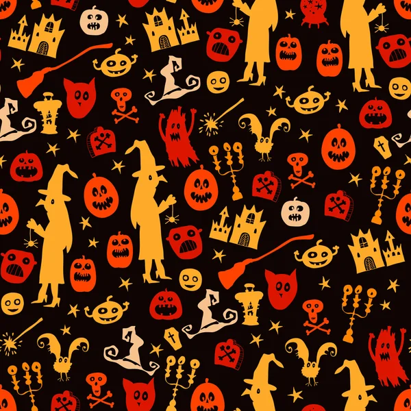 Halloween silueta sin costura brillante patrón de garabatos de los niños . — Vector de stock