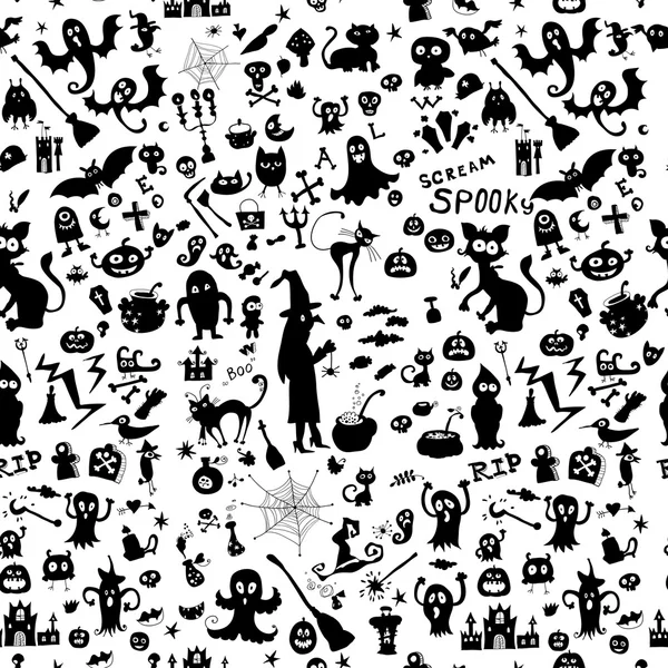 Halloween seamless kids doodle pattern with icons. — Stock Vector