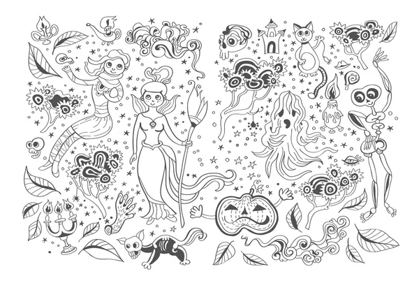 Halloween vector card isolated on white background. Coloring book page design for adults and kids. Children and animals. Black and white. — Stock Vector