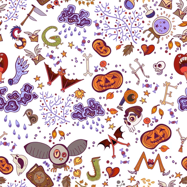 Halloween naadloze heldere kinderen doodle patroon. De dag van de doden, Halloween thema. — Stockvector