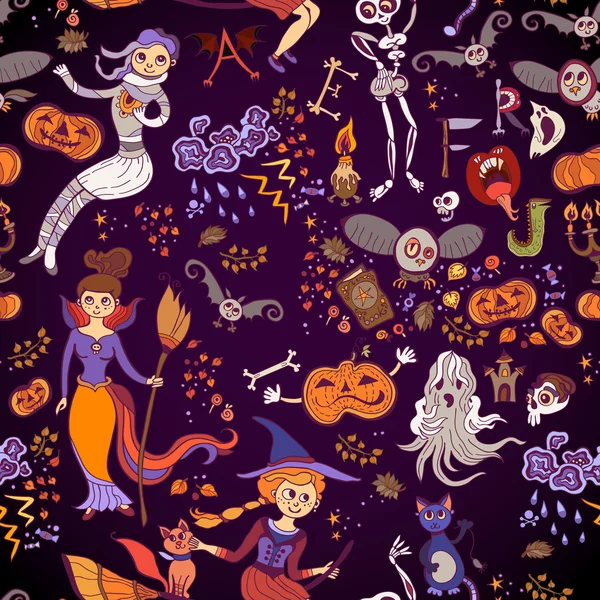 Halloween naadloze heldere kinderen doodle patroon. De dag van de doden, Halloween thema. — Stockvector