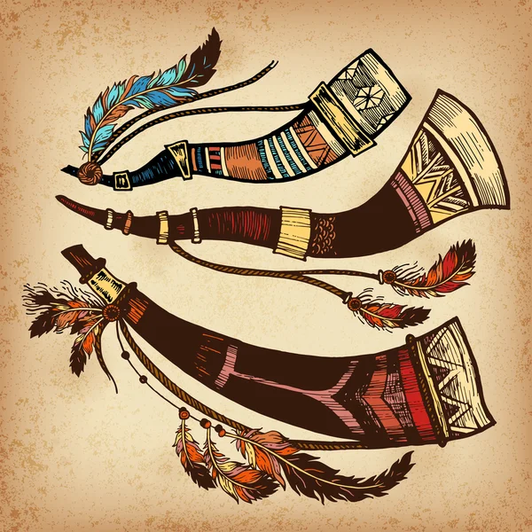 Set aus 3 farbigen Jagdhörnern. das Konzept für das Design. Vektorillustration. authentisches Musikinstrument amerikanischer Indianer. — Stockvektor