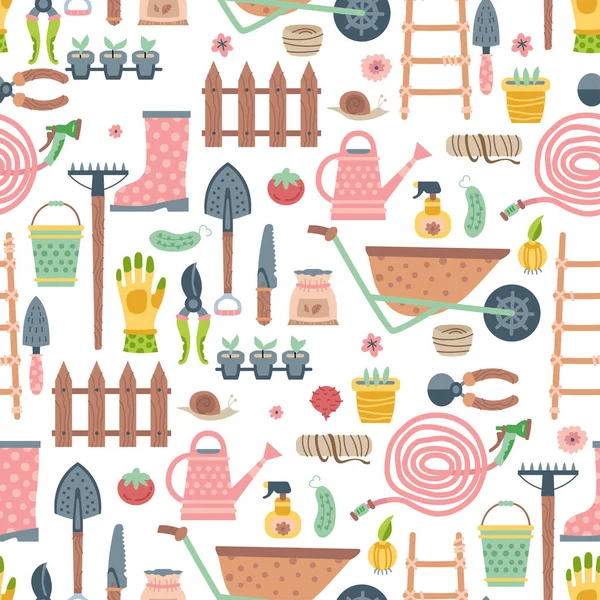 Gartenwerkzeug und Materialien nahtlose Muster. Vektorillustration — Stockvektor
