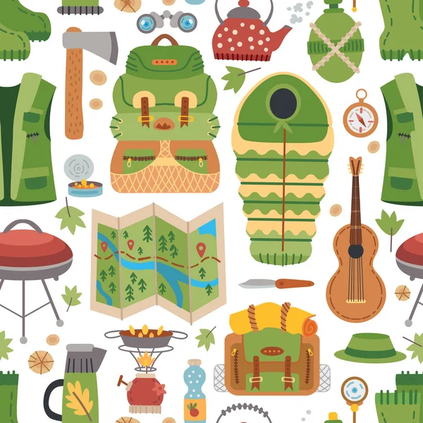 Camping equipment pattern. A vector tourist theme. — Stock Vector