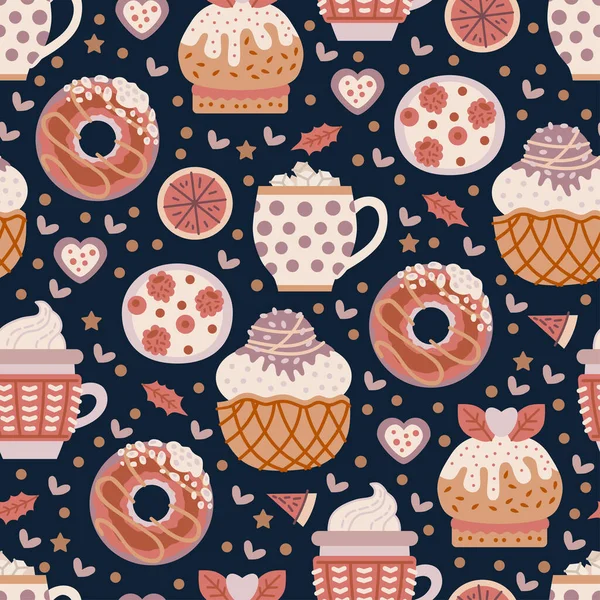 Coffee shop sweets seamless pattern. Cacao drink — Stock Vector