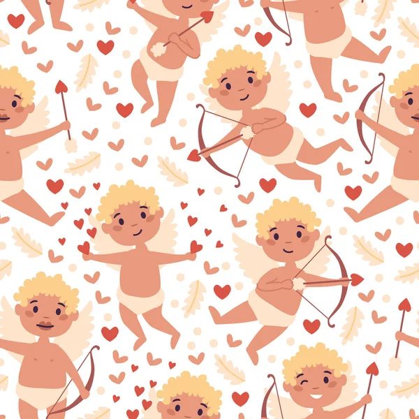 Valentines Day cupid and hearts seamless pattern — Stock Vector