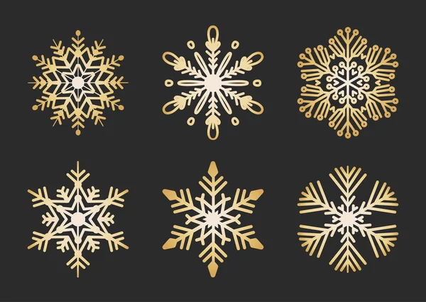 Goldene Schneeflocken setzen ein. Weihnachten flacher Schneekristall — Stockvektor