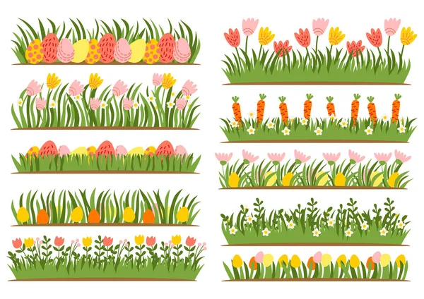 Huevos de Pascua sobre hierba con flores — Archivo Imágenes Vectoriales