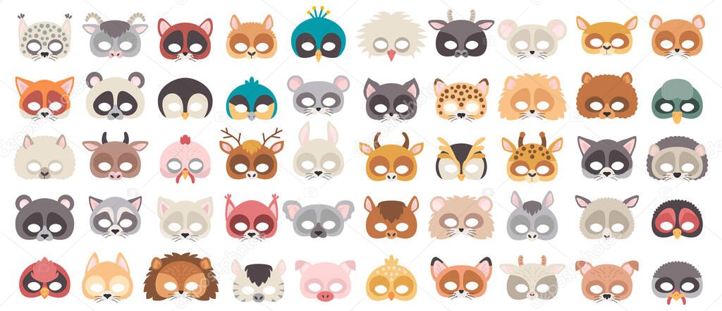 Set of photo booth props masks of wild and domestic animals.