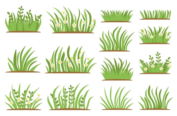 Hierba verde icono plano conjunto. Aislado sobre fondo blanco, vector Ilustración — Vector de stock