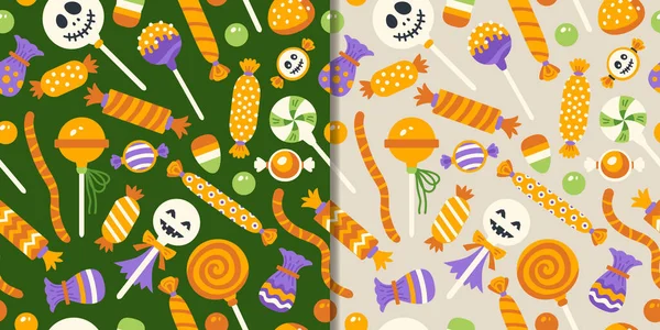 Bonbons Halloween ensemble avec motif sans couture et astuce mignonne ou traiter des bonbons — Image vectorielle