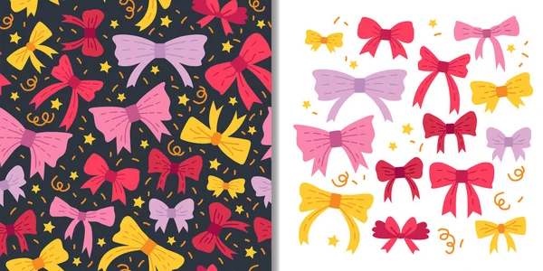 Beaux nœuds sertis d'un motif sans couture et d'éléments de cravate papillon couleur mignonne — Image vectorielle