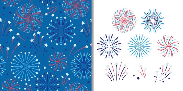 Holidays fireworks set with seamless pattern and festival decoration elements — Stock vektor