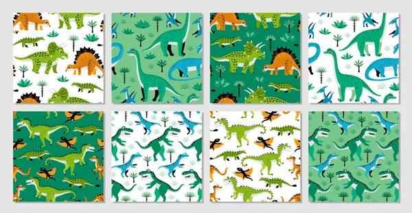 Set vettoriale di otto modelli senza soluzione di continuità con dinosauri,, progettazione vettoriale — Vettoriale Stock