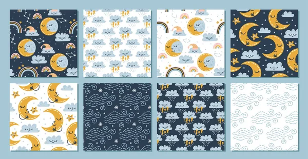 8 baby sky seamless patterns. Rain and clouds. — Stock Vector