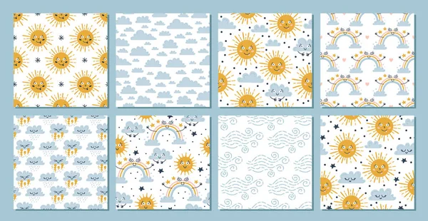 8 baby sky seamless patterns. Rain and clouds. — Stock Vector