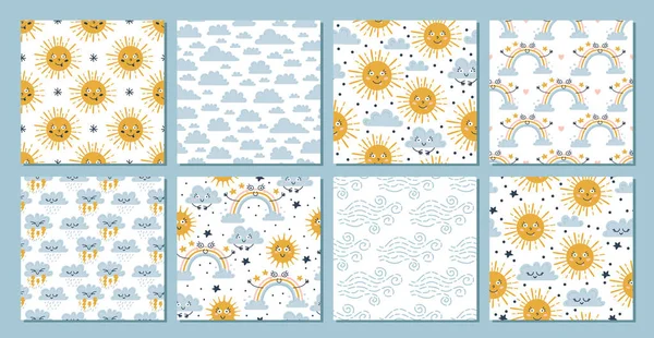 8 baby sky seamless patterns. Rain and clouds. — 图库矢量图片