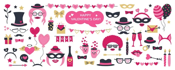 Cabina de fotos lindo día de San Valentín apoyos como conjunto de elementos gráficos de fiesta — Vector de stock