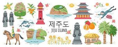 Jeju Adası, Güney Kore seyahat sembolü illüstrasyonuna hoş geldiniz.