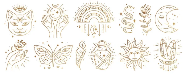 Set of magic boho symbols. Golden minimal line art. — Stock Vector